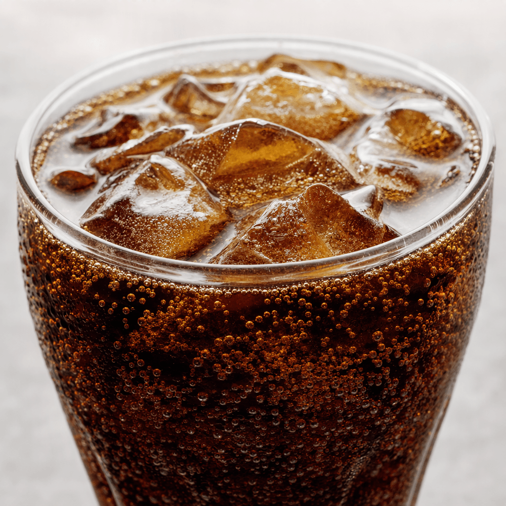 Dark brown, translucent soda with fine bubbles rising through it.