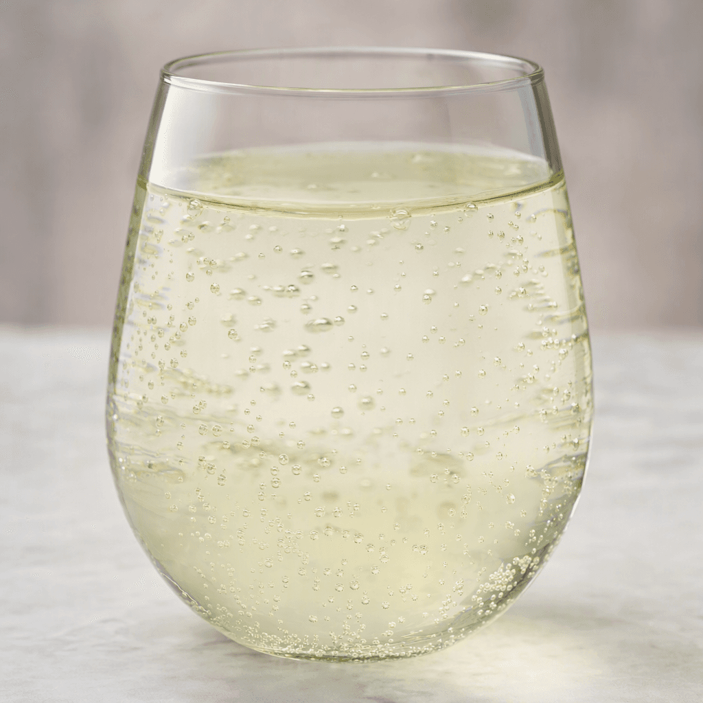 Pale, nearly clear apple mineral water with a faint yellow-green tint and fine bubbles rising through it, served in a transparent glass.