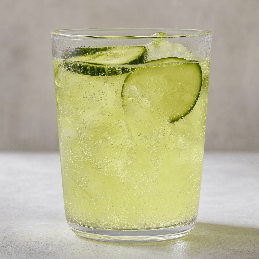 A clear, pale yellow-green fizzy drink with fine bubbles rising through it, served in a glass.
