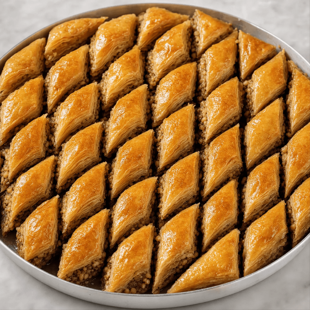 Servis tabağında yan yana dizilmiş, baklava dilimi şeklinde kesilmiş ev yapımı baklavaların ince katları altın sarısı-kahverengi görünür; aralarında kıyılmış cevizler seçilir ve üzerleri şerbetle hafifçe parlar.