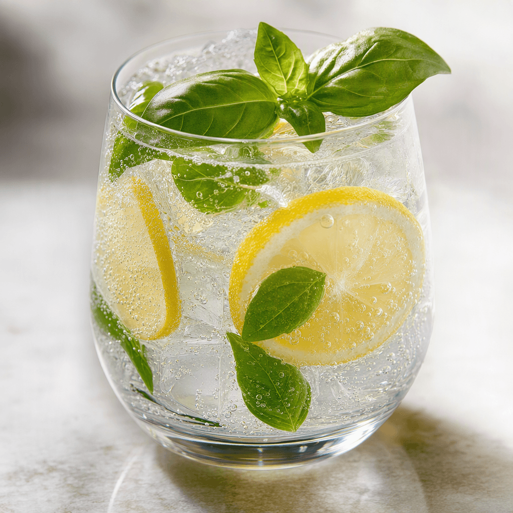 Clear, colorless sparkling mineral water in a glass, with fine bubbles and visible lemon slices and fresh green basil leaves.