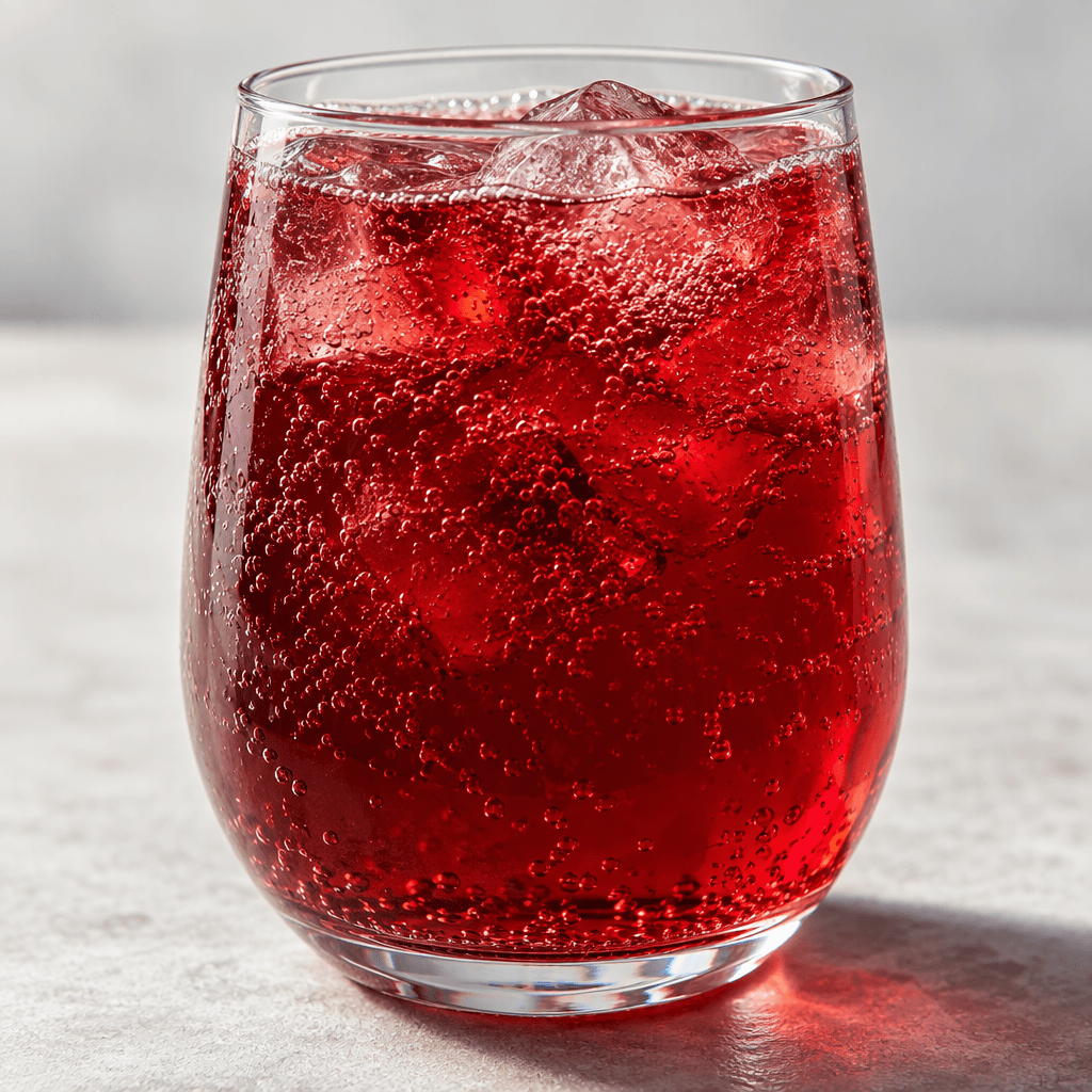 A clear, deep ruby-red fizzy drink with fine bubbles, served in a transparent glass.
