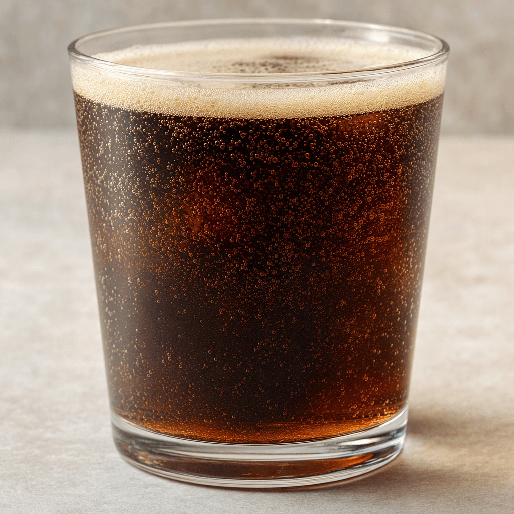 A dark brown, translucent carbonated drink with tiny bubbles and a thin layer of pale foam, served in a clear glass.