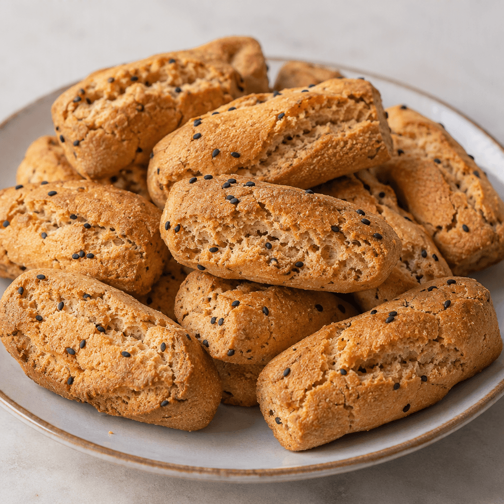 Small, firm, golden-brown oblong bread rusks with a dry, lightly cracked surface and visible black cumin seeds, arranged on a plate.