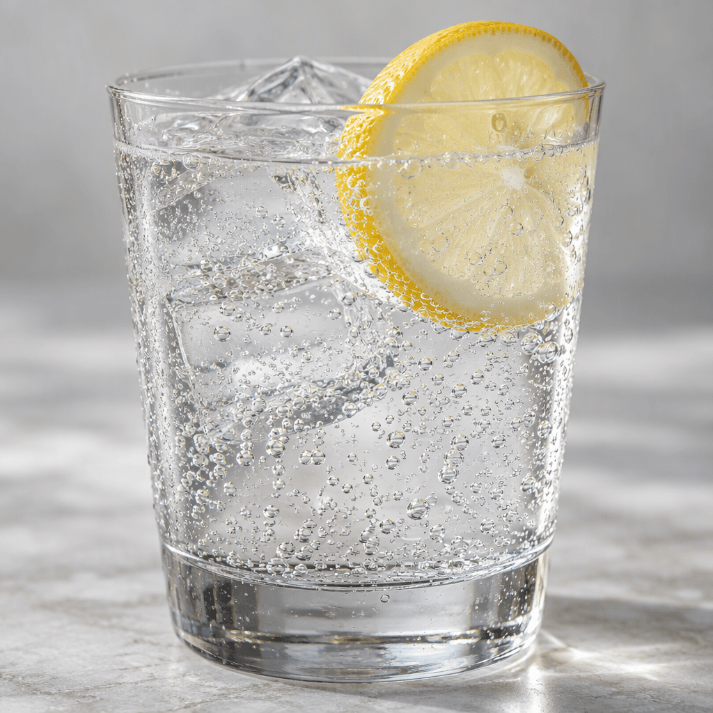 Clear, colorless lemon soda with fine bubbles rising through it, served chilled in a transparent glass with a thin lemon slice at the rim.