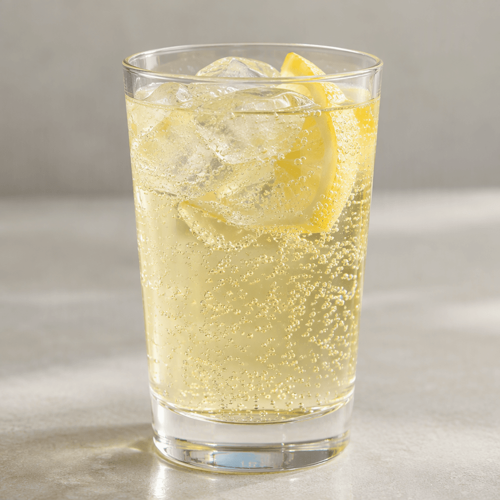 A clear, lightly yellow-tinted fizzy drink with fine bubbles rising through it, served in a glass.