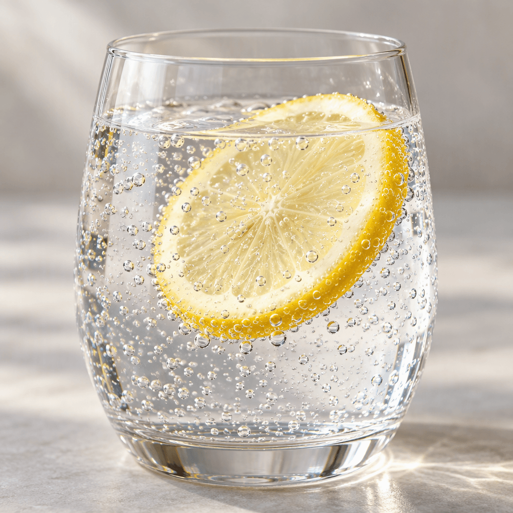 Clear, sparkling mineral water is served in a glass with a thin yellow lemon slice, with tiny bubbles rising through the liquid.