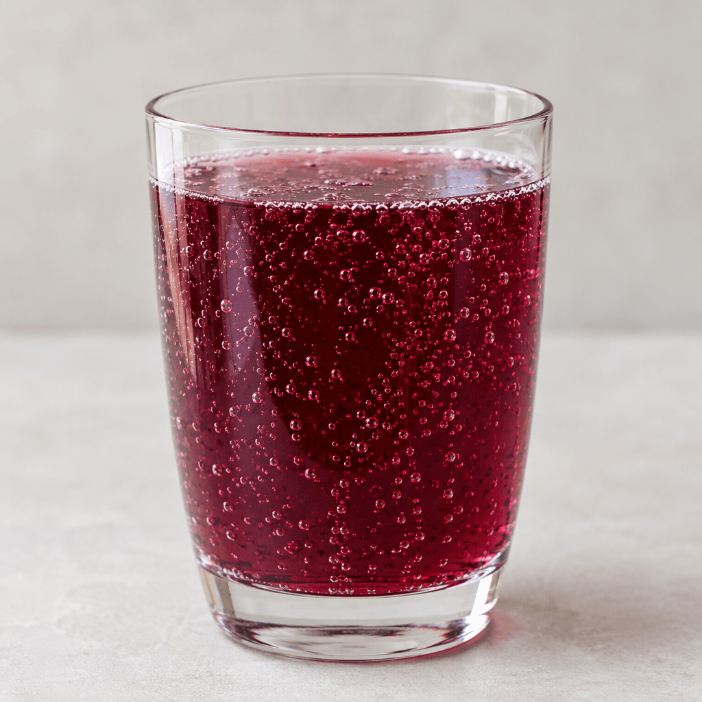 A clear glass holds transparent, deep reddish-purple mineral water with fine bubbles rising through it.