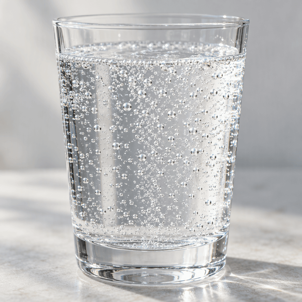Clear, colorless sparkling mineral water with fine bubbles rising through the glass.