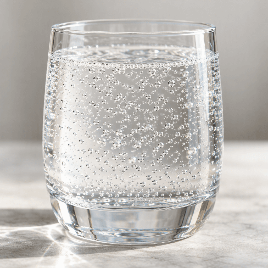 Clear, colorless sparkling mineral water with fine bubbles, served in a glass.