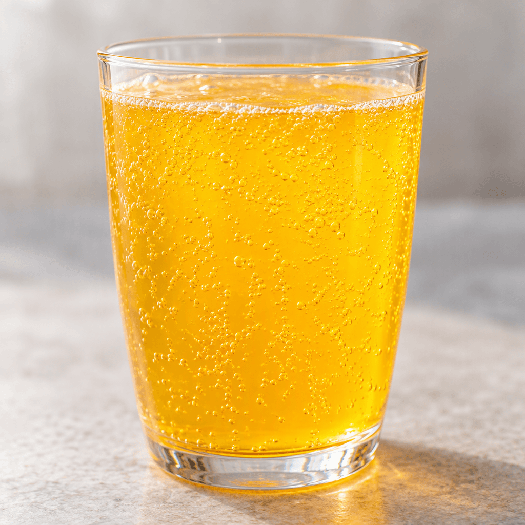 A clear glass filled with bright golden-yellow, slightly orange soda, with fine bubbles rising through the translucent liquid.