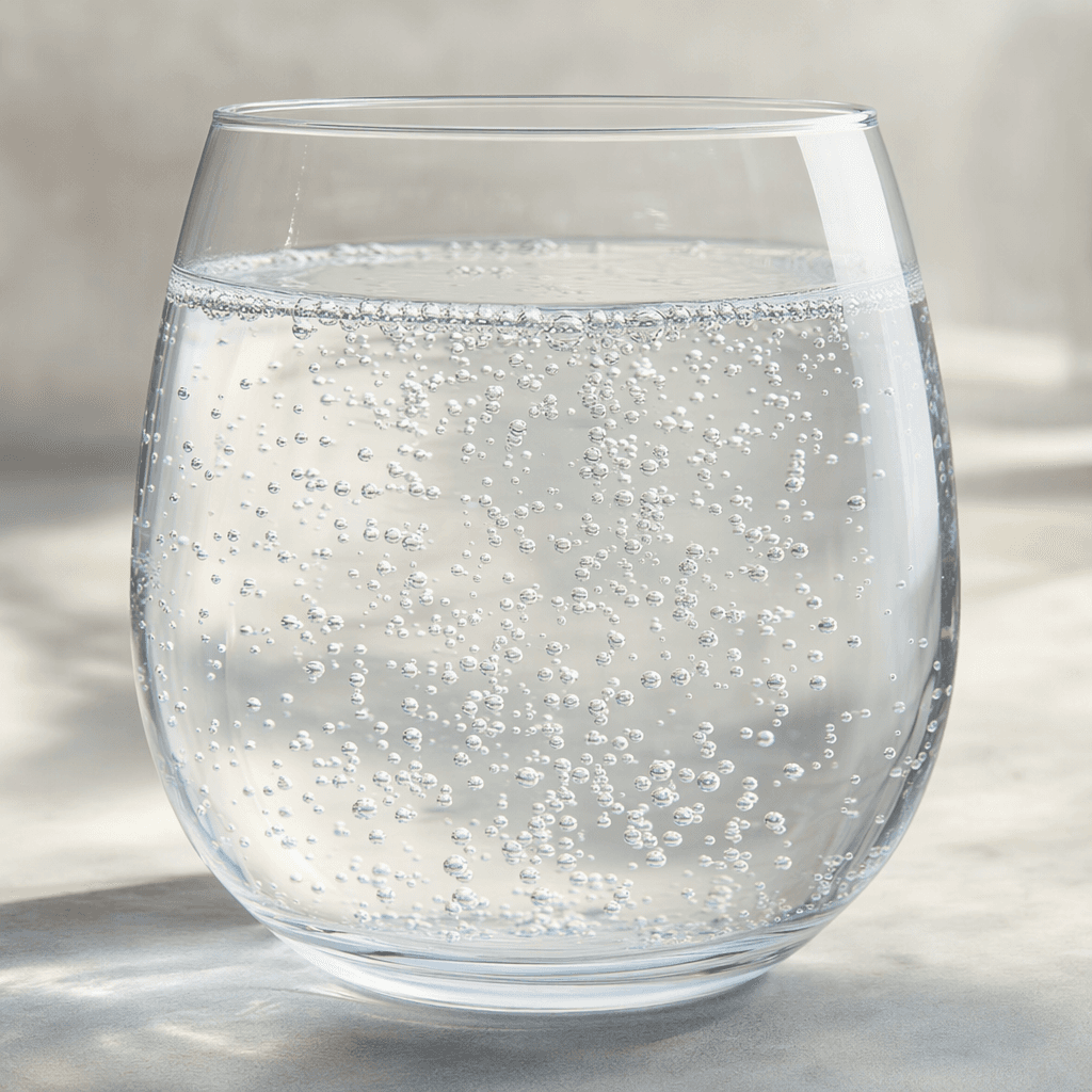 Clear, nearly colorless sparkling mineral water with fine bubbles rising through the liquid, served in a glass.