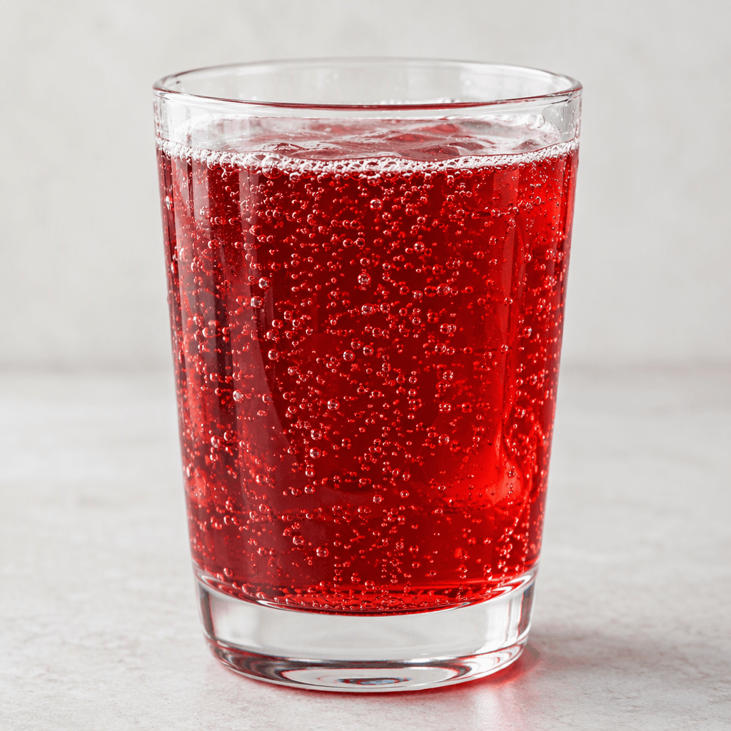 A clear ruby-red carbonated drink in a glass, with fine bubbles rising through it.
