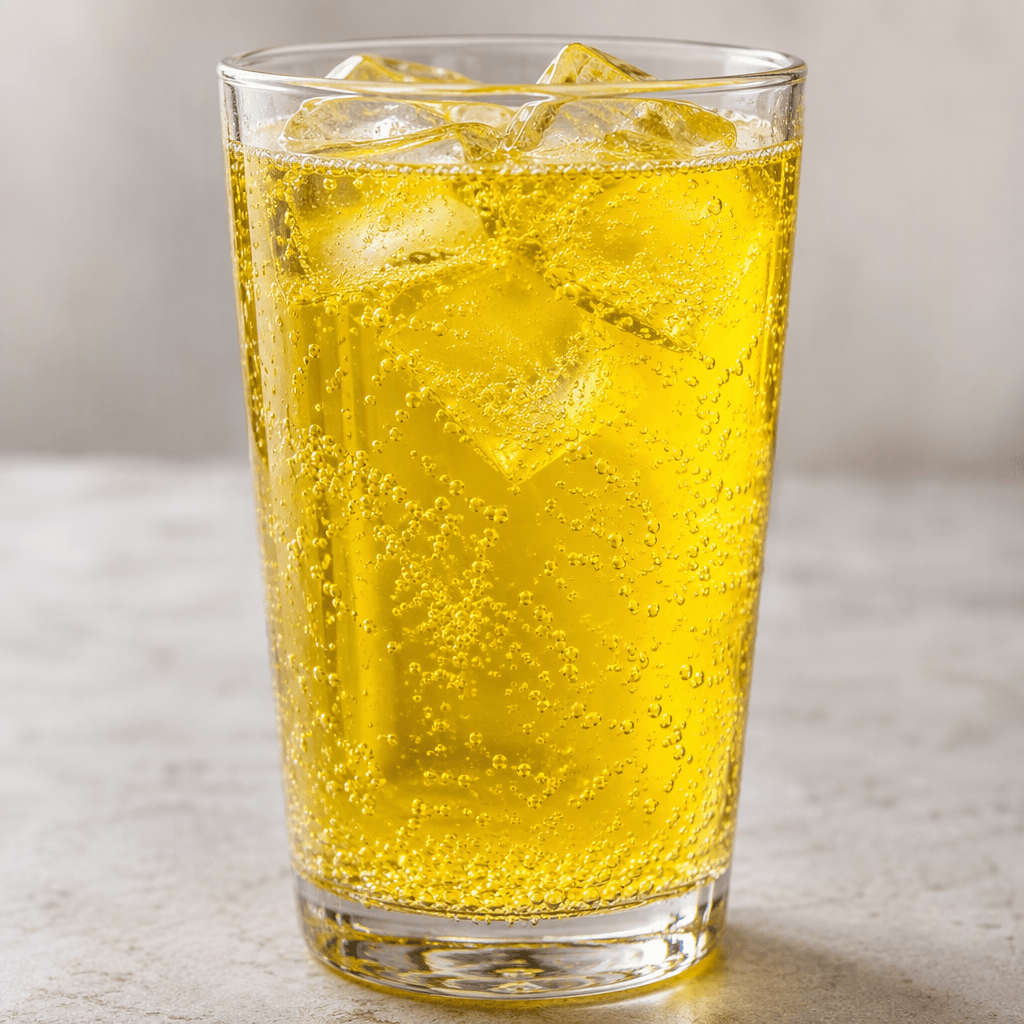 A clear golden-yellow carbonated drink with fine bubbles, served in a transparent glass.