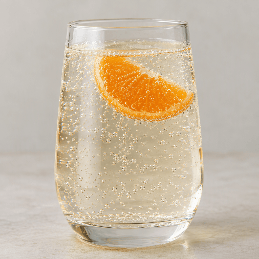 A clear, lightly golden sparkling drink with fine bubbles rising through it, served in a glass with a thin mandarin slice.