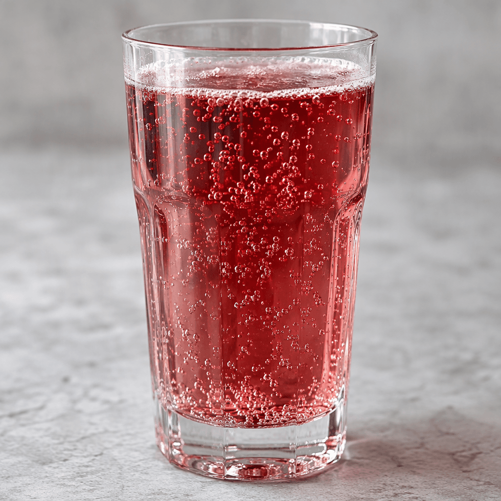 A clear, rosy-red carbonated drink with fine bubbles rising through it, served in a glass.