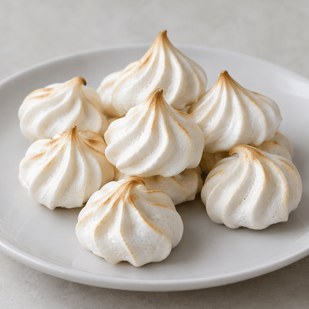 Small, crisp white meringues with smooth, ridged swirls and slightly browned tips are arranged on a plain plate.