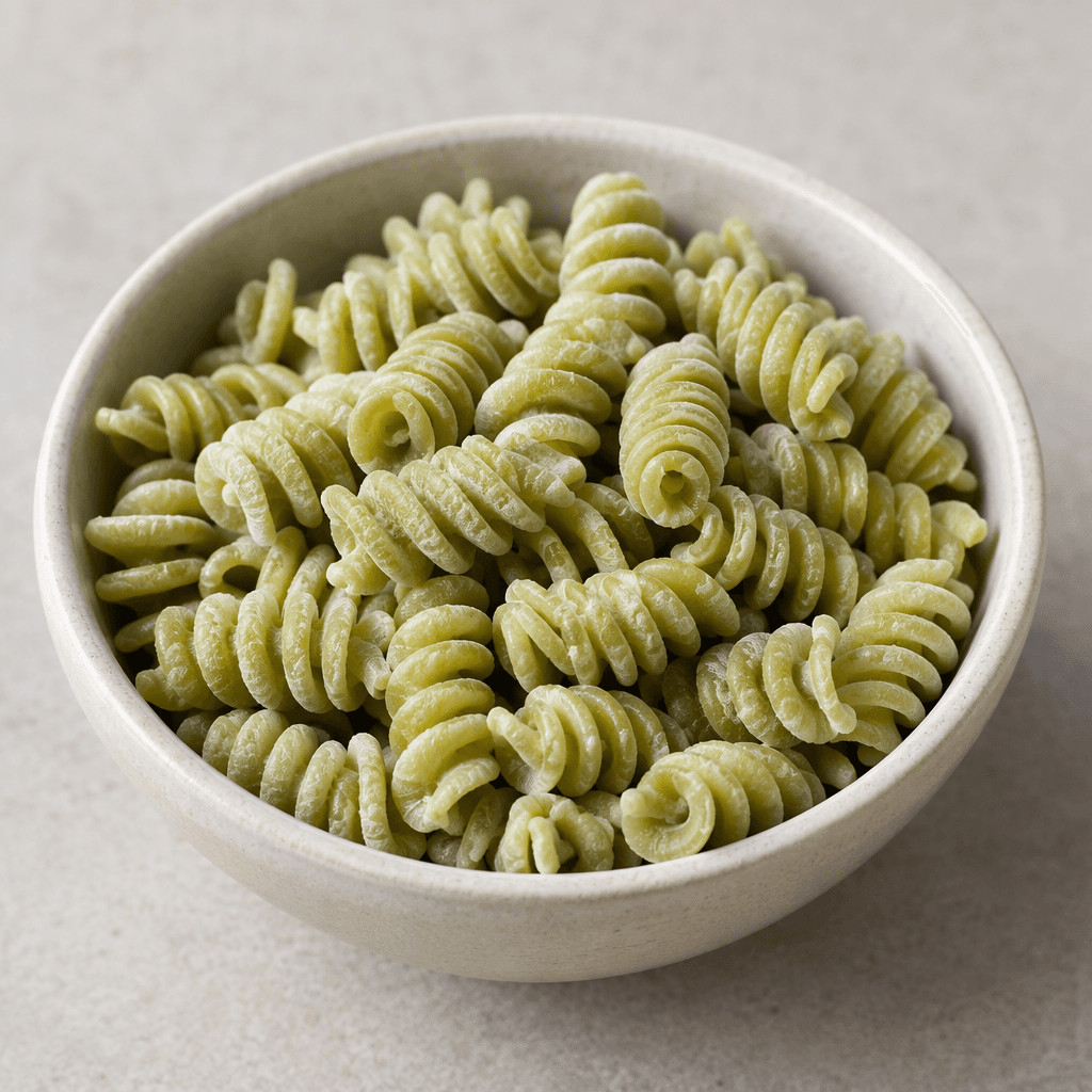 Short, dry, pale green pasta pieces with tightly curled, ridged spirals, arranged in a small serving bowl.