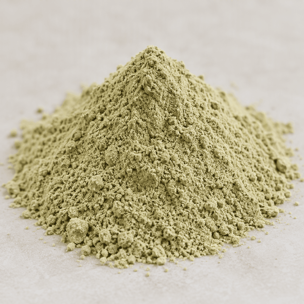 A fine, dry powder in a pale beige to light green colour, with a soft, slightly grainy texture and loosely piled into a small mound.