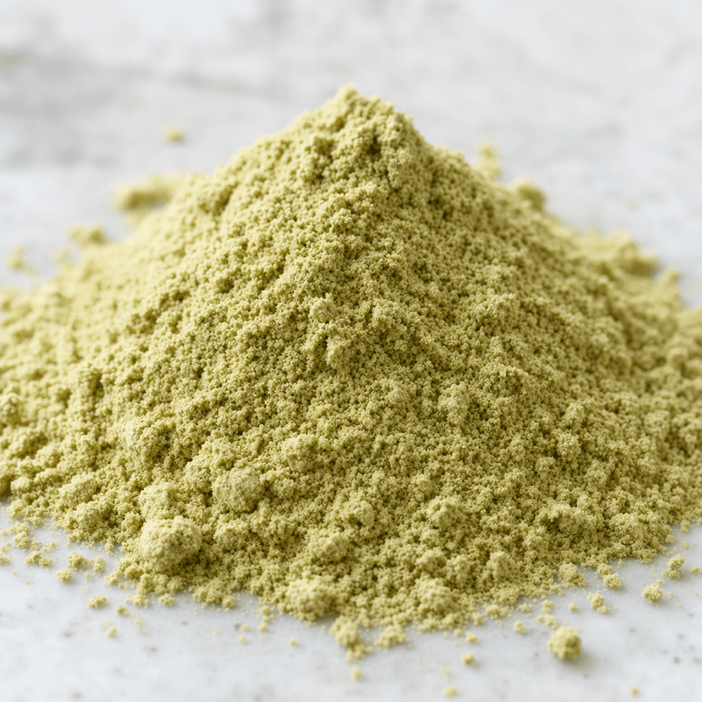 A loose mound of fine, matte pea protein powder in a muted pale green-beige shade, with a slightly grainy surface.