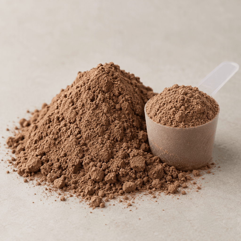 Fine, matte cocoa-brown pea protein powder sits in a small mound beside a scoop, with a soft, slightly grainy texture.