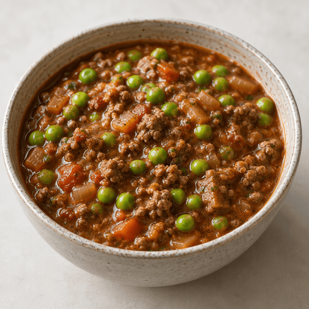 A thick, rustic stew in a bowl, with bright green peas and small browned crumbles of ground beef visible in a glossy reddish-brown sauce.