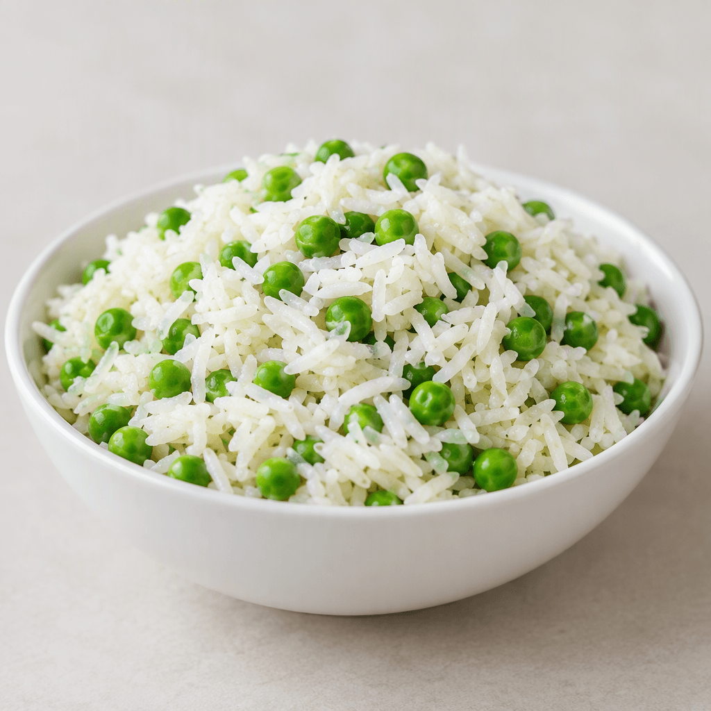 Fluffy, separate grains of white rice mixed with bright green peas, served in a low white bowl with a lightly glossy surface and a gently mounded shape.