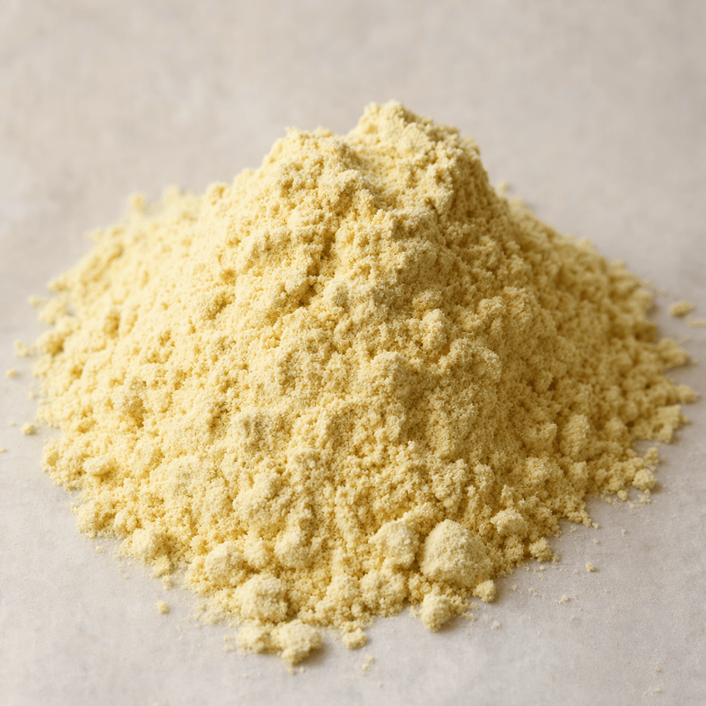 A small mound of fine, matte, pale beige-yellow pea protein powder with a soft, slightly clumpy texture.