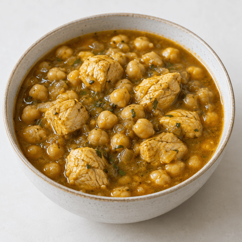 A bowl of thick golden-brown stew with visible chickpeas and bite-sized pieces of chicken nestled in a glossy, lightly oily broth.