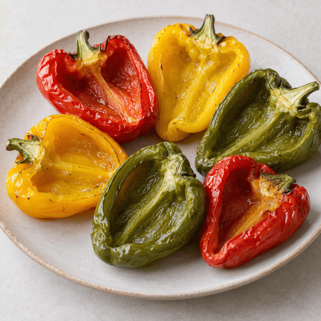 Halved bell peppers with softened, slightly wrinkled glossy skins in red, yellow, and green, their tender interiors facing upward on a serving plate.