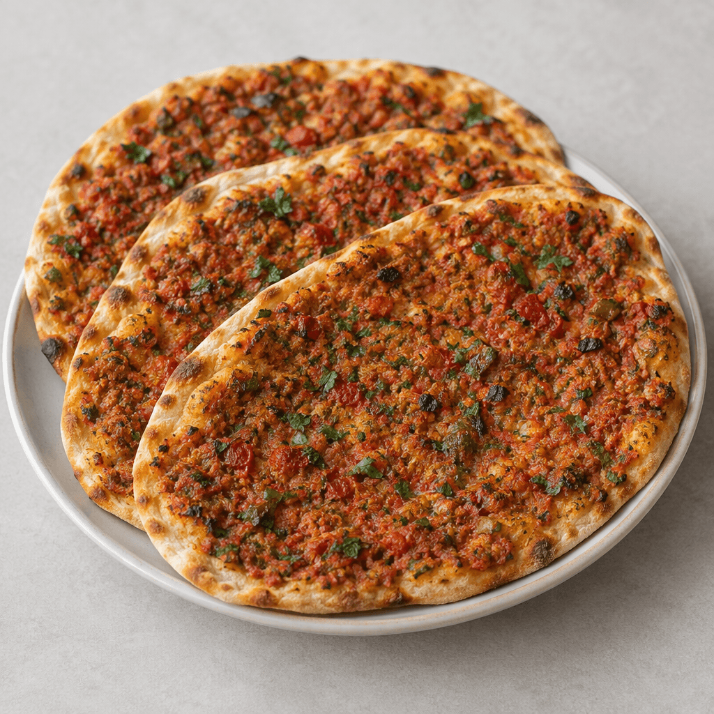 Small oval flatbreads with thin, lightly blistered golden-brown crusts, spread with a coarse red pepper topping flecked with darker red and green pieces and scattered herbs, served overlapping on a plate.