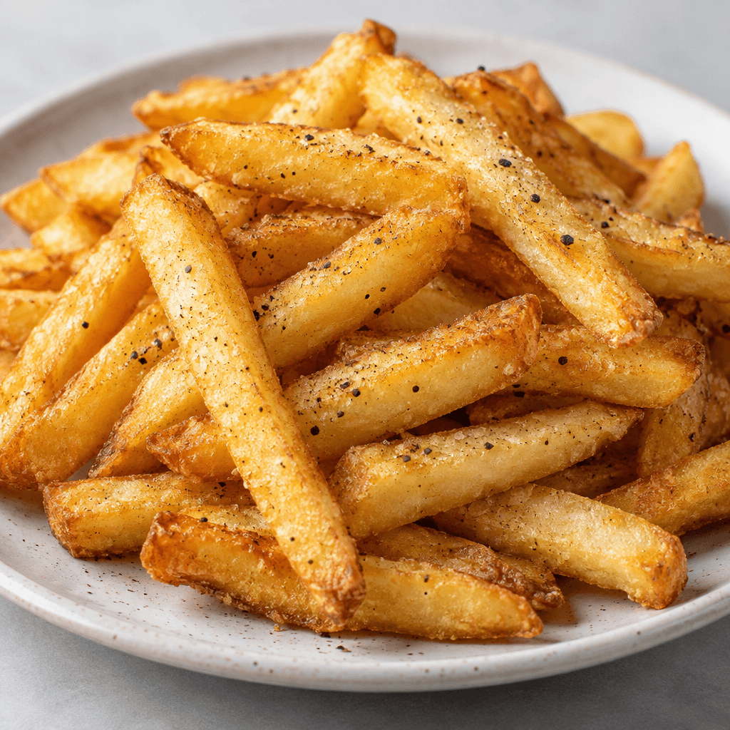 Golden, crisp-edged potato fries are piled on a plate, their surfaces lightly dusted with visible black pepper.