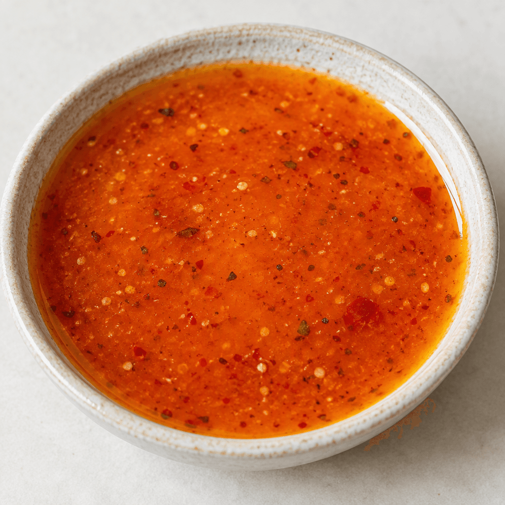 A glossy, pourable orange-red butter sauce with tiny red chili flakes and specks of seasoning, pooled in a shallow dish.