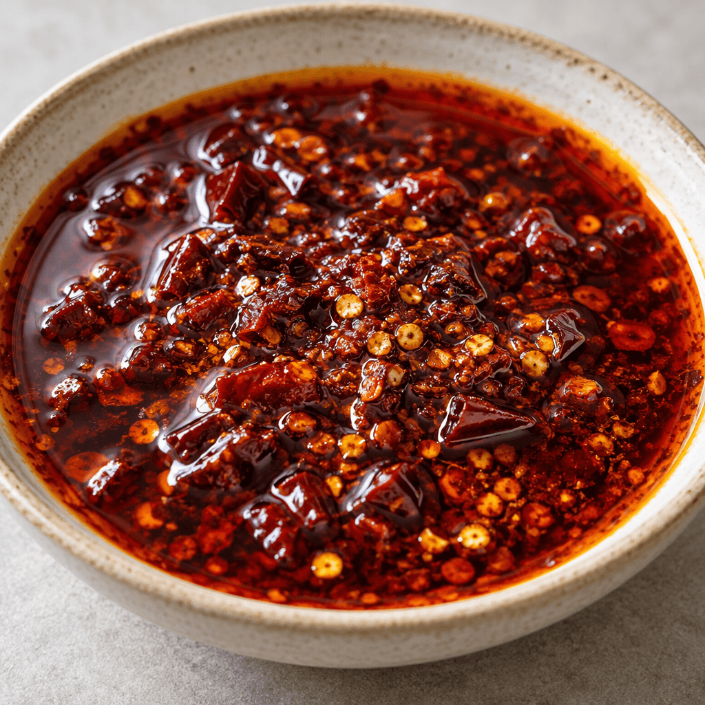 A glossy, deep-red oil sauce with visible flecks of crushed pepper and small pieces of pepper suspended in it, pooled in a shallow dish.