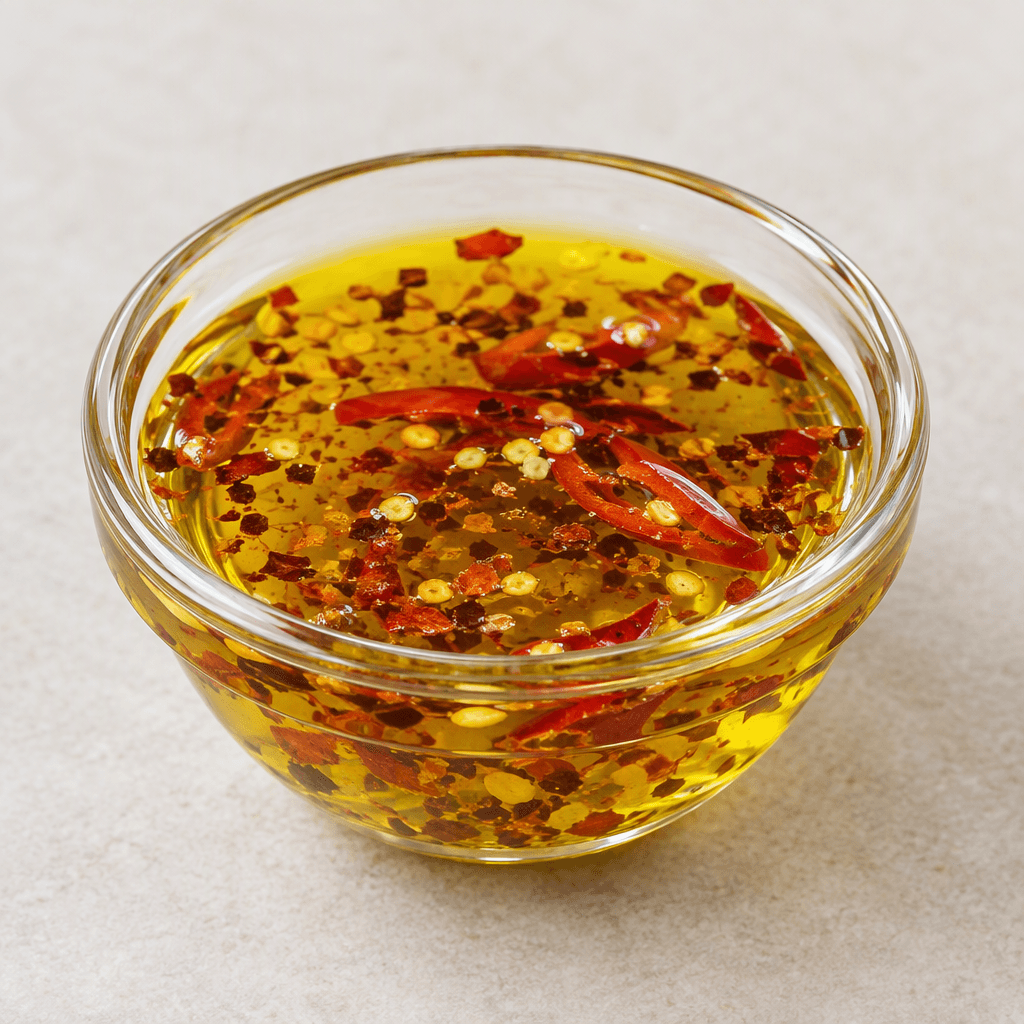 Clear golden-green olive oil sits in a small glass dish, with red chili flakes and thin red chili pieces suspended throughout and glistening on the surface.