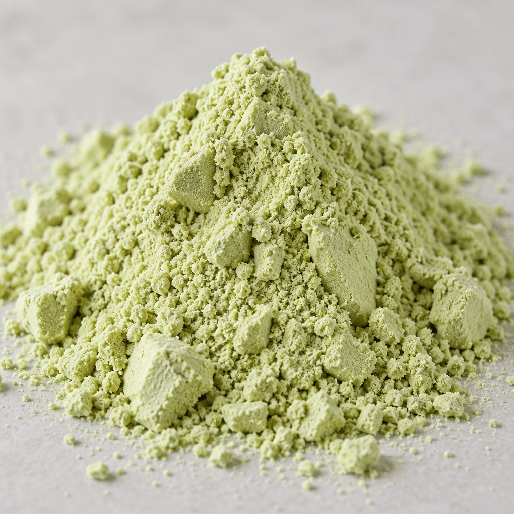 A small mound of fine, pale pistachio-green whey protein powder with a smooth, slightly clumpy texture.