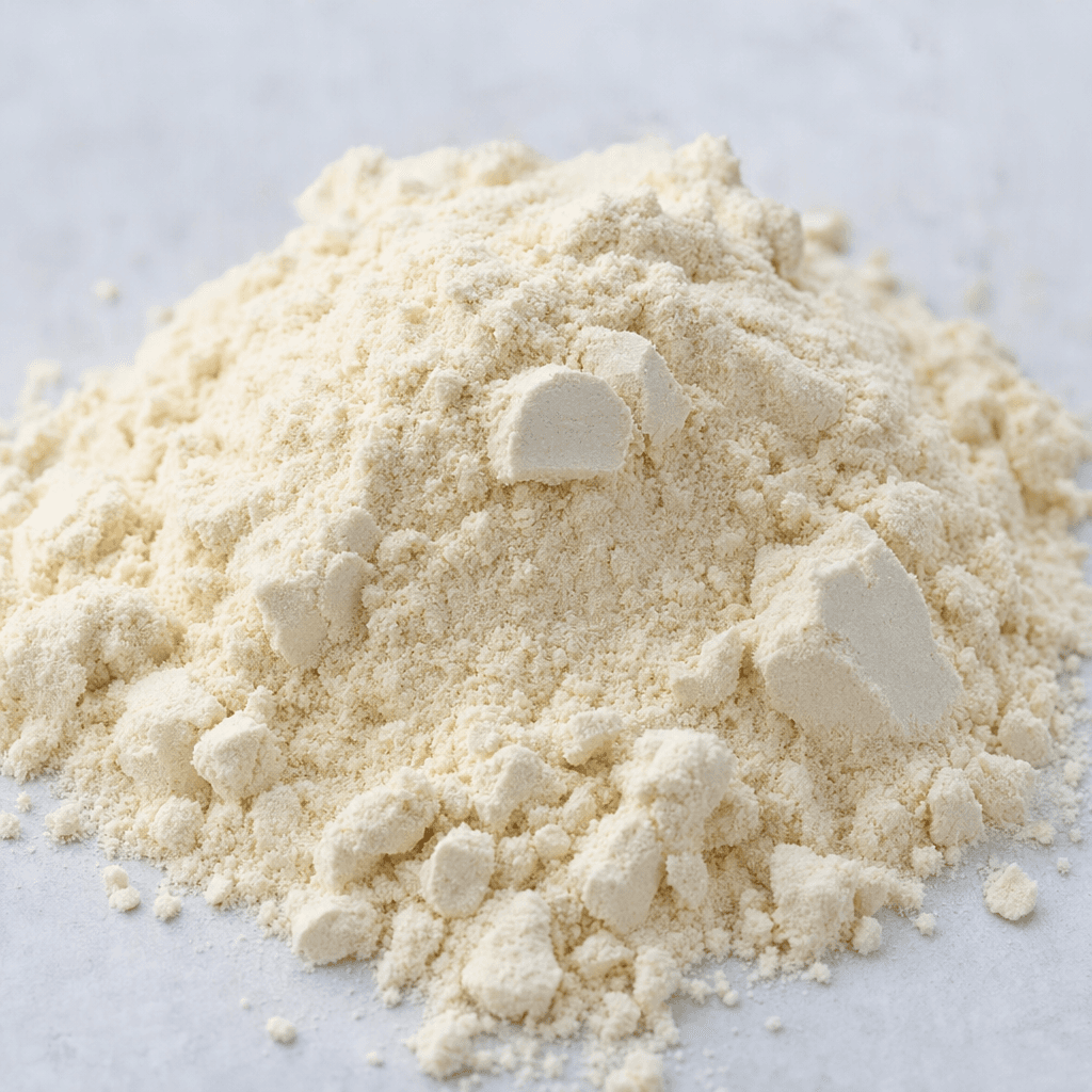 A mound of fine, pale cream-colored protein powder with a soft, slightly clumpy texture sits loosely on a surface.