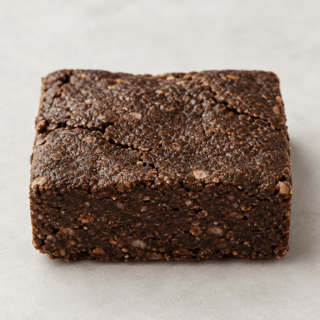 A compact, rectangular dark-brown bar with a dense, slightly rough surface and a few small cracks across the top.