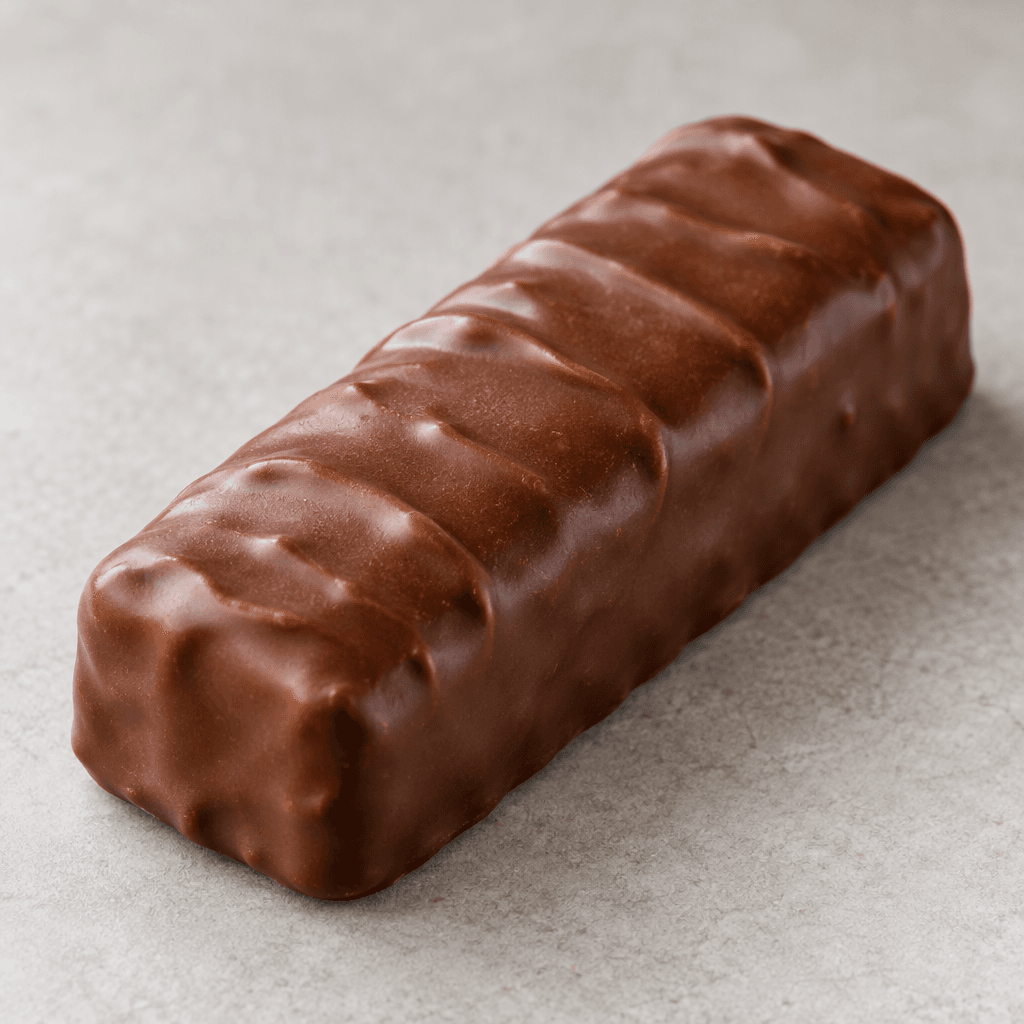 An elongated, compact rectangular bar with softly rounded edges, coated in smooth brown chocolate with a few subtle surface ridges.
