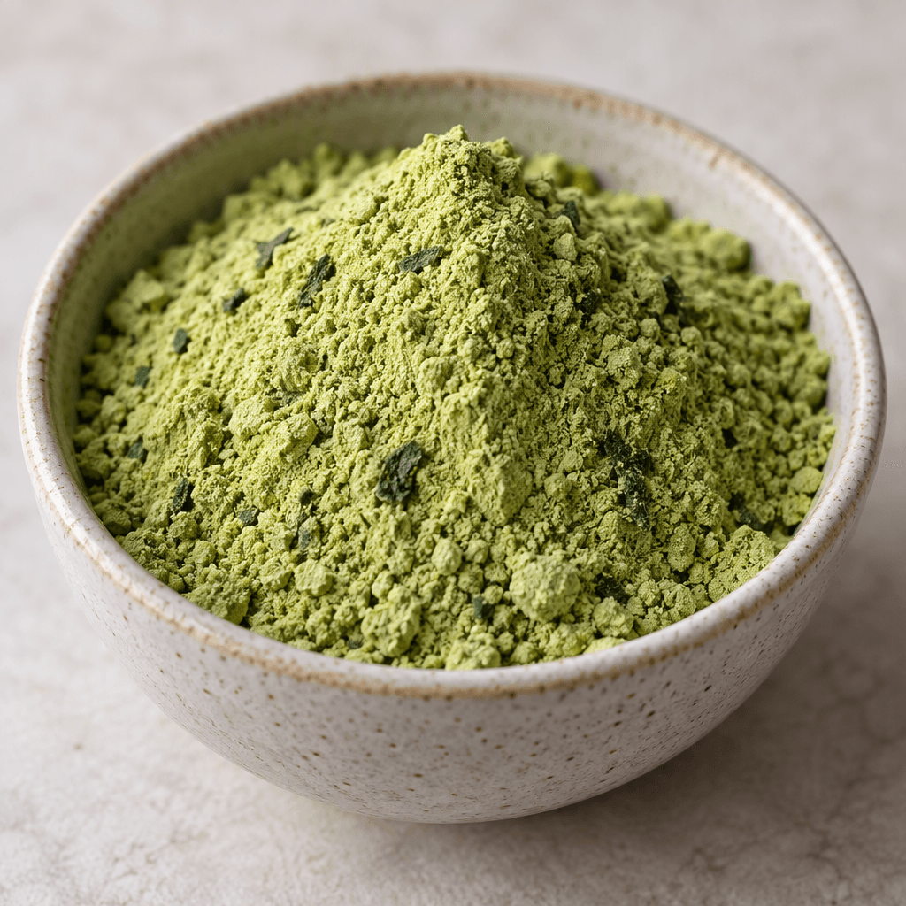 A loose mound of fine, pale green powder with a few darker green flecks sits in a small bowl.