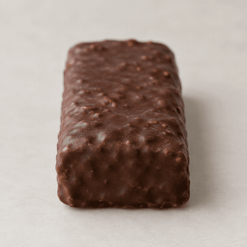 A compact, rectangular protein bar with a dark brown, slightly uneven coating and softly rounded edges.