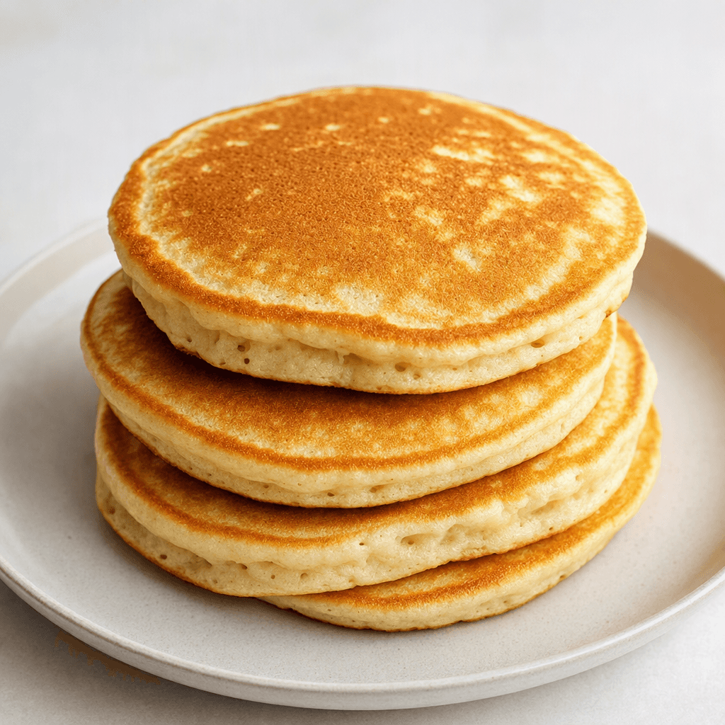 A small stack of thick, round pancakes with golden-brown surfaces, softly set edges, and a few small pores, served plain on a plate.