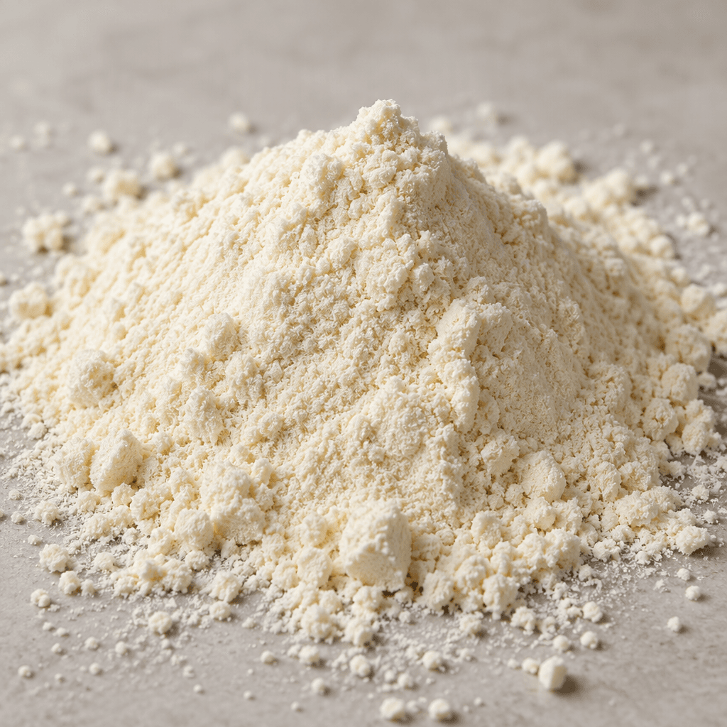 A mound of fine, pale ivory protein powder with a smooth, slightly granular texture, lightly scattered across a surface.