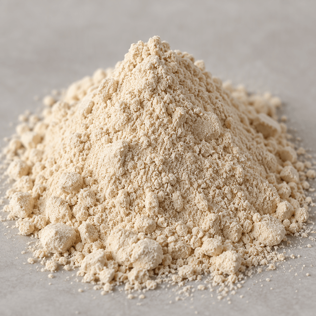 A mound of fine, pale beige protein powder with a dry, slightly grainy texture.
