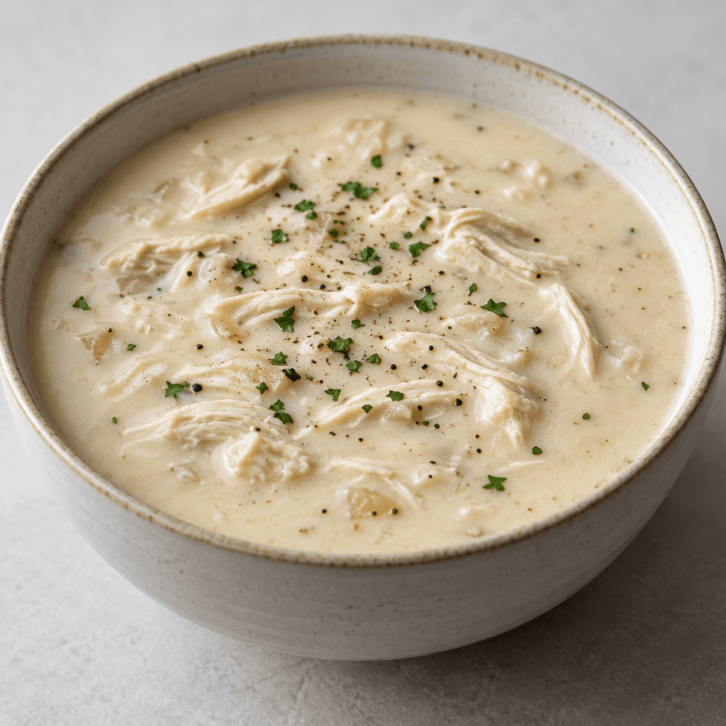 A bowl of opaque, pale cream-colored chicken soup with small pieces of chicken visible throughout and a smooth, slightly thick surface.