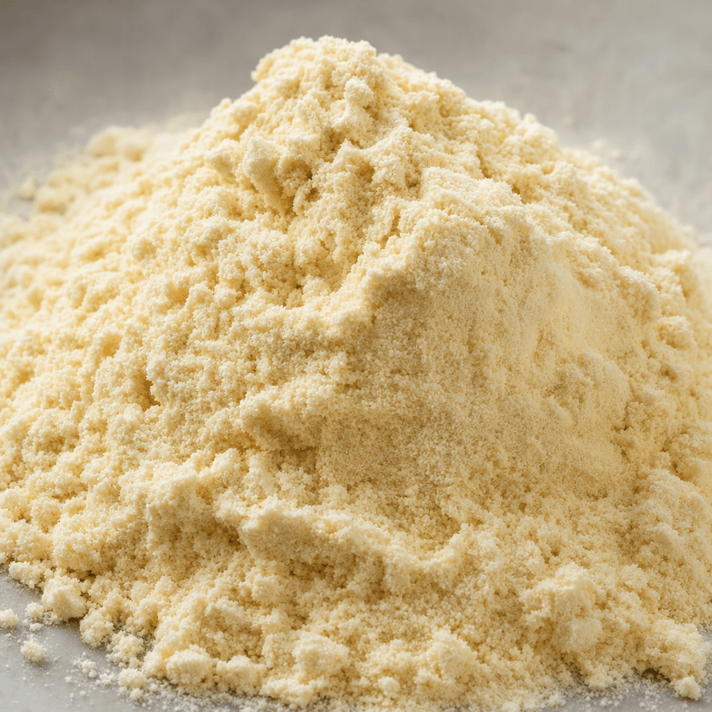A mound of fine, pale cream-colored protein powder with a soft, slightly clumpy texture.