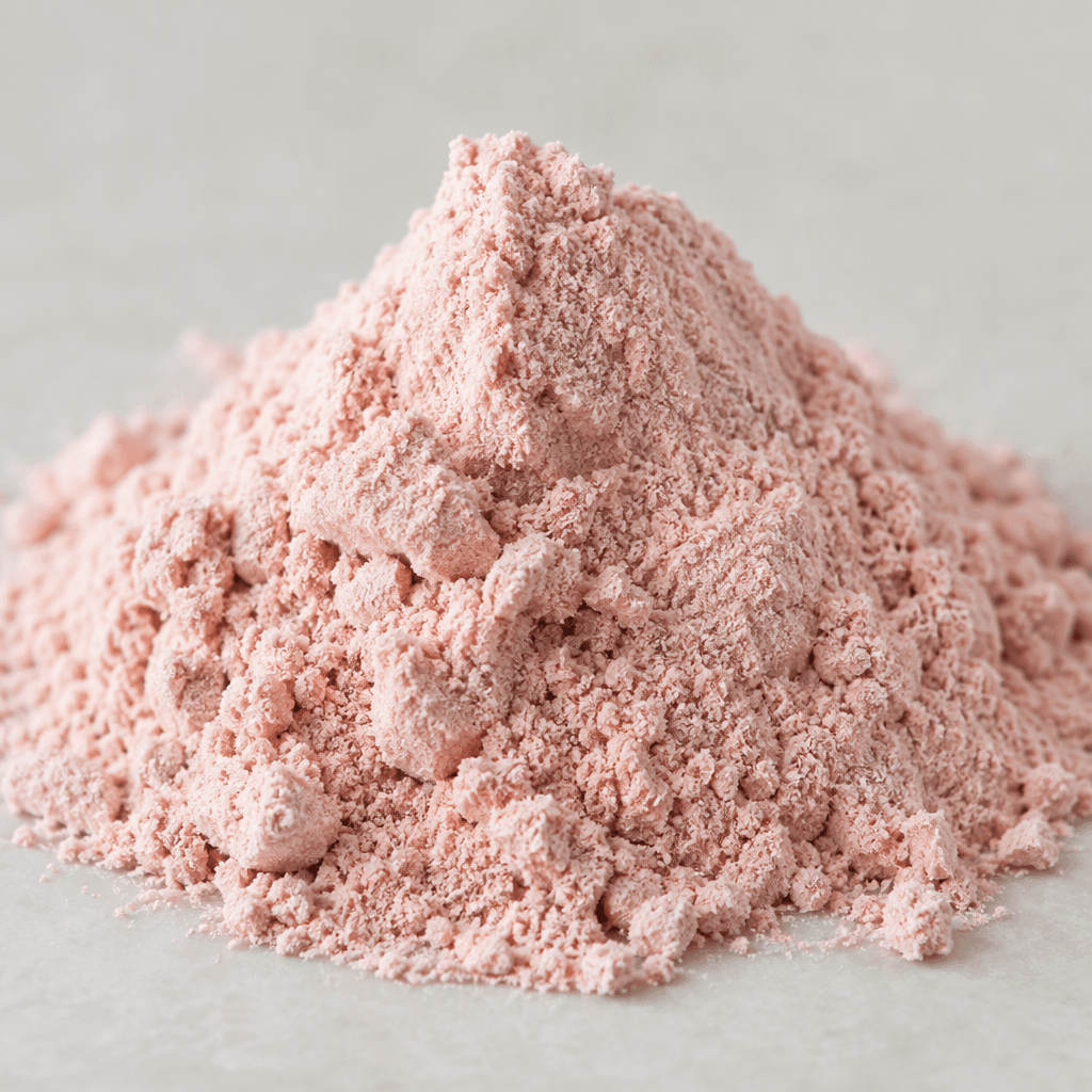 A mound of fine, pale pink strawberry whey protein powder with a soft, slightly clumpy texture.