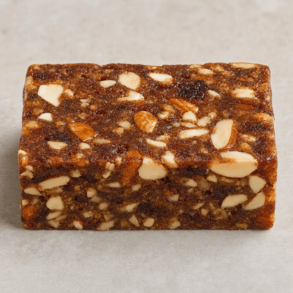 A thick, rectangular dried-fruit and almond bar with a compact, chewy-looking brown base, studded with visible almond pieces and small bits of dried fruit, rests on a plain surface.