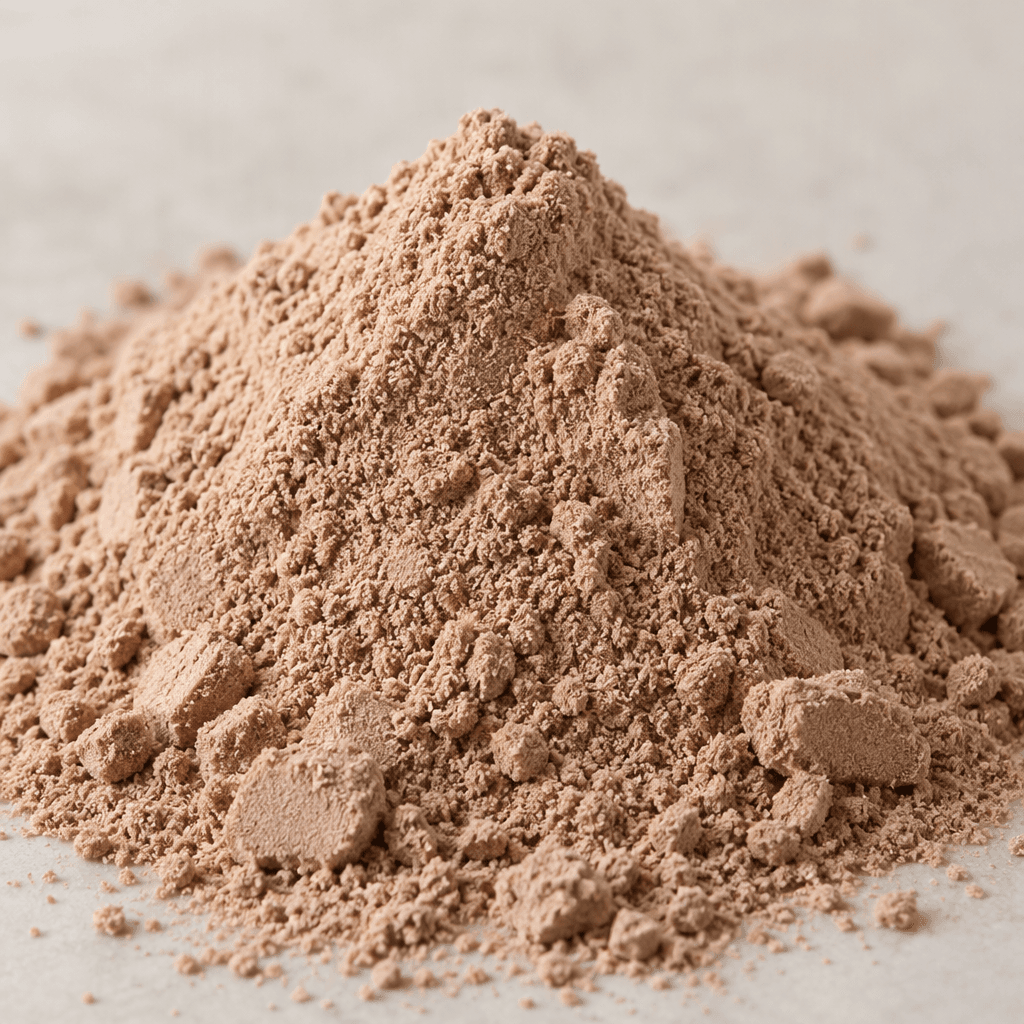 Mat, bej-kahverengi tonlarda, ince ve kuru protein tozu; yüzeyi yumuşak görünümlü ve hafif tanelidir.