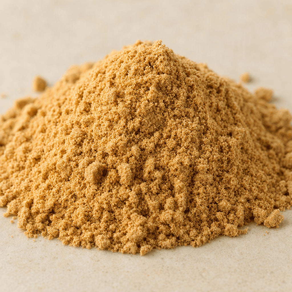 A small mound of fine, light brown powder with a soft, slightly grainy texture.